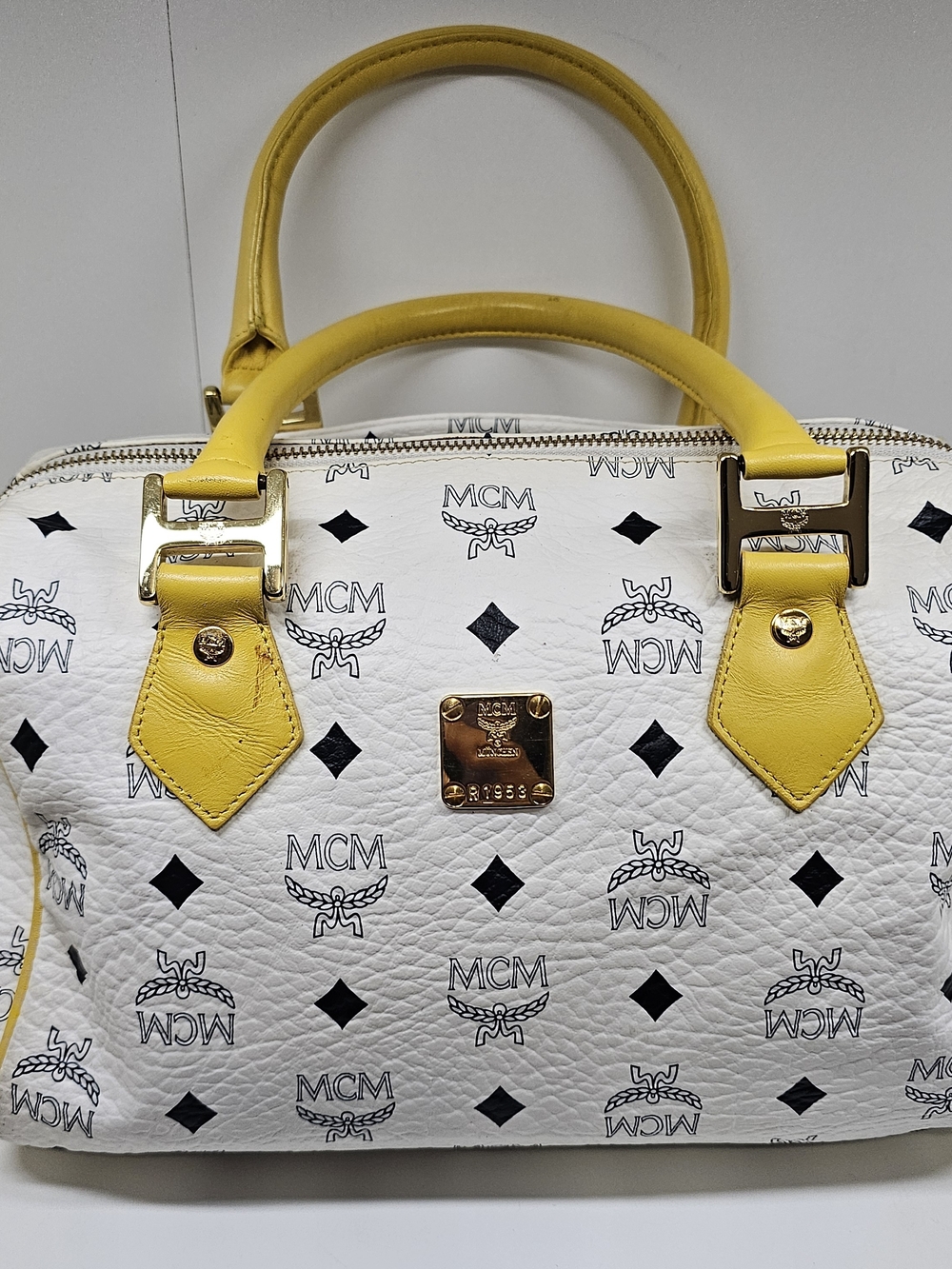 MCM White & Yellow Logo Satchel
